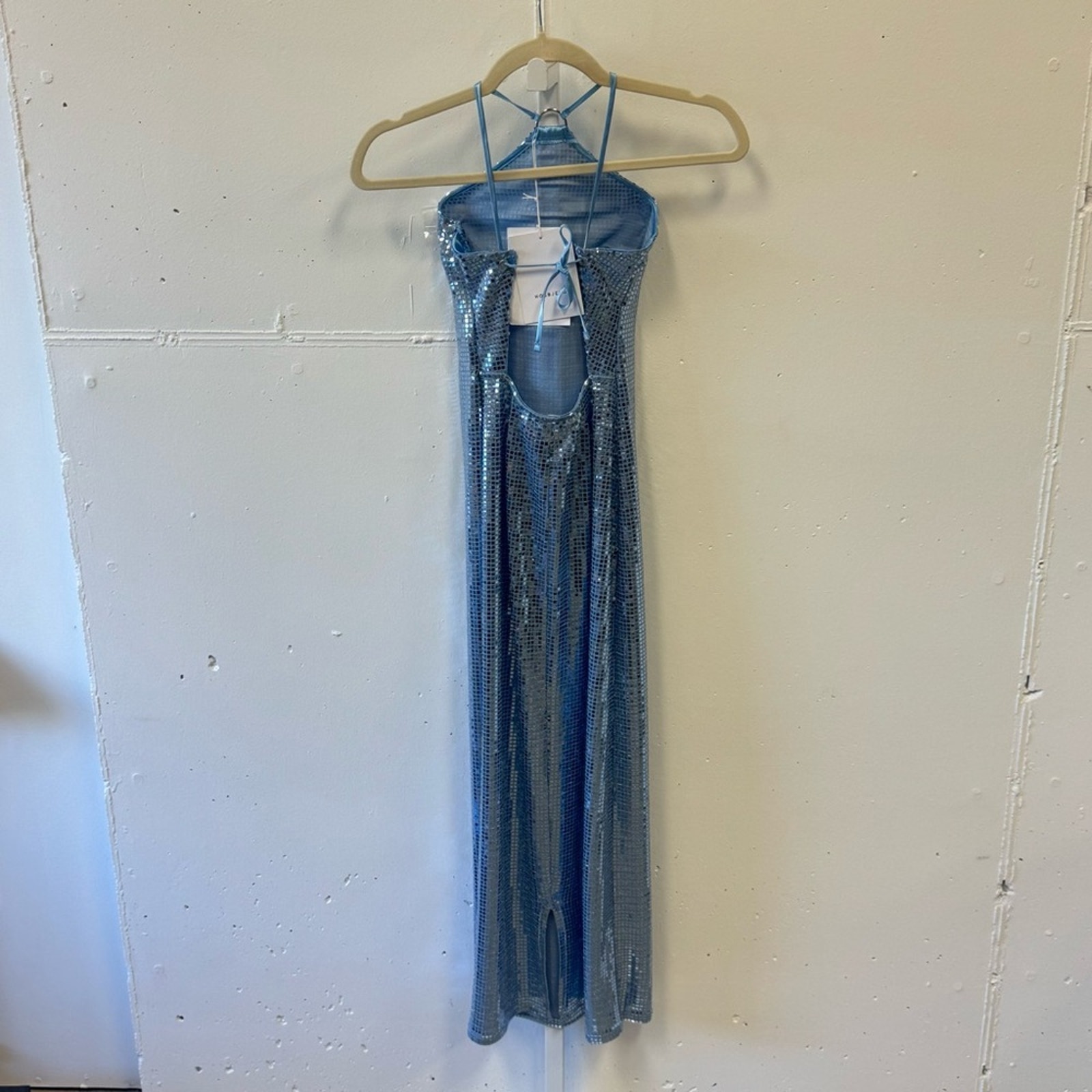 Nwt Hosbjerg Sequin Melina Halter Bodycon Midi Dress Winter Sky Blue Xs Stretch — image 3 of 8